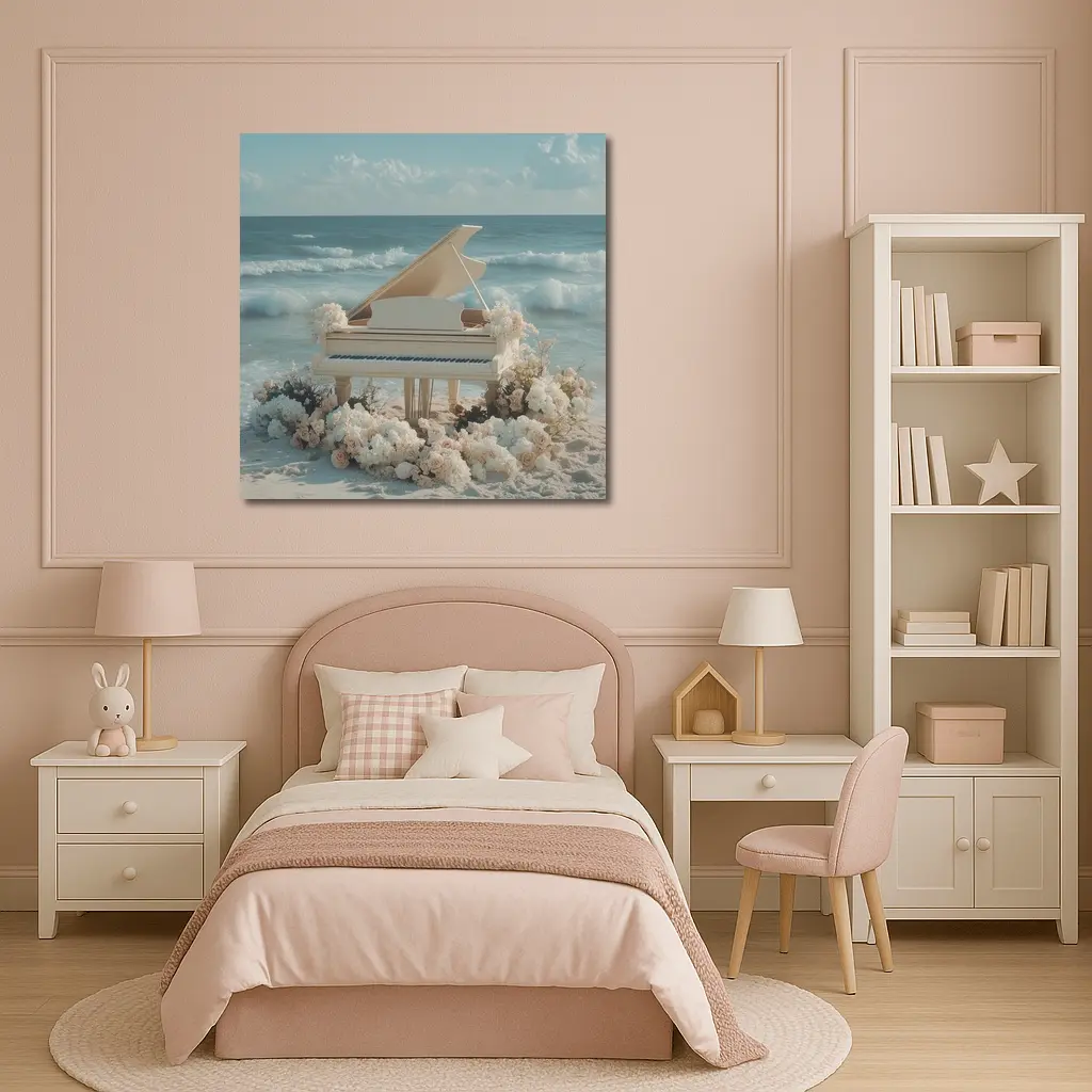 White Grand Piano Beach Ocean Floral Scene – Wall Art
