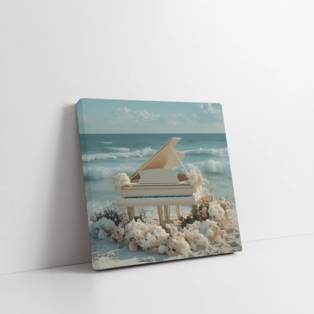 White Grand Piano Beach Ocean Floral Scene – Wall Art