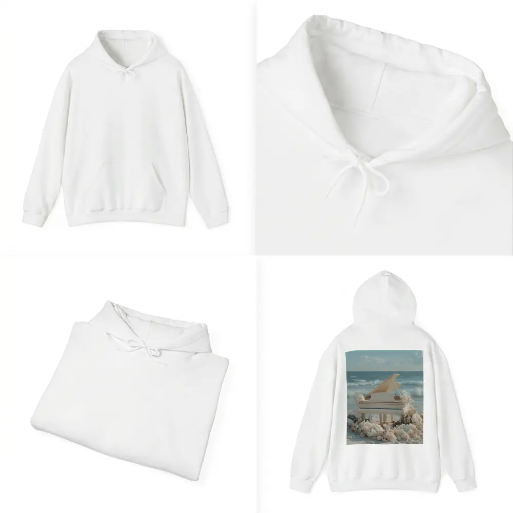 White Grand Piano Beach Ocean Floral Scene – Hoodies