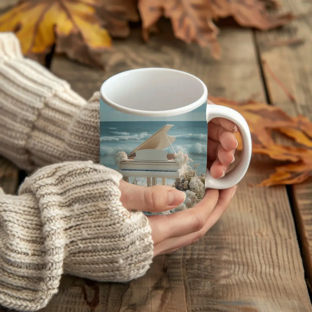 White Grand Piano Beach Ocean Floral Scene – Mugs