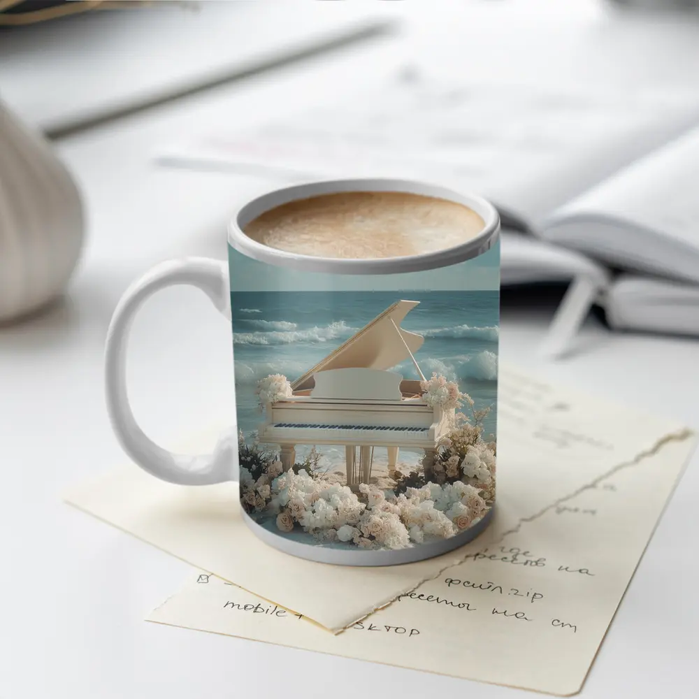 White Grand Piano Beach Ocean Floral Scene – Mugs