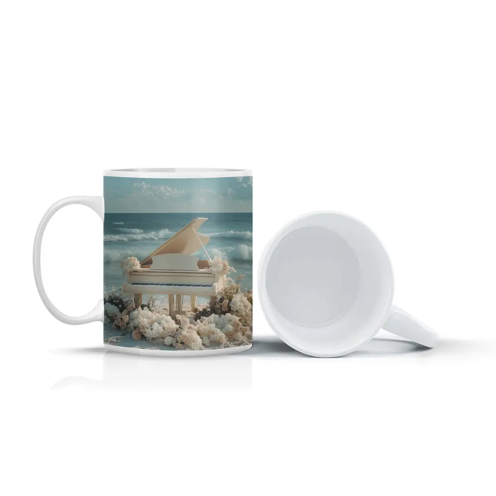 White Grand Piano Beach Ocean Floral Scene – Mugs