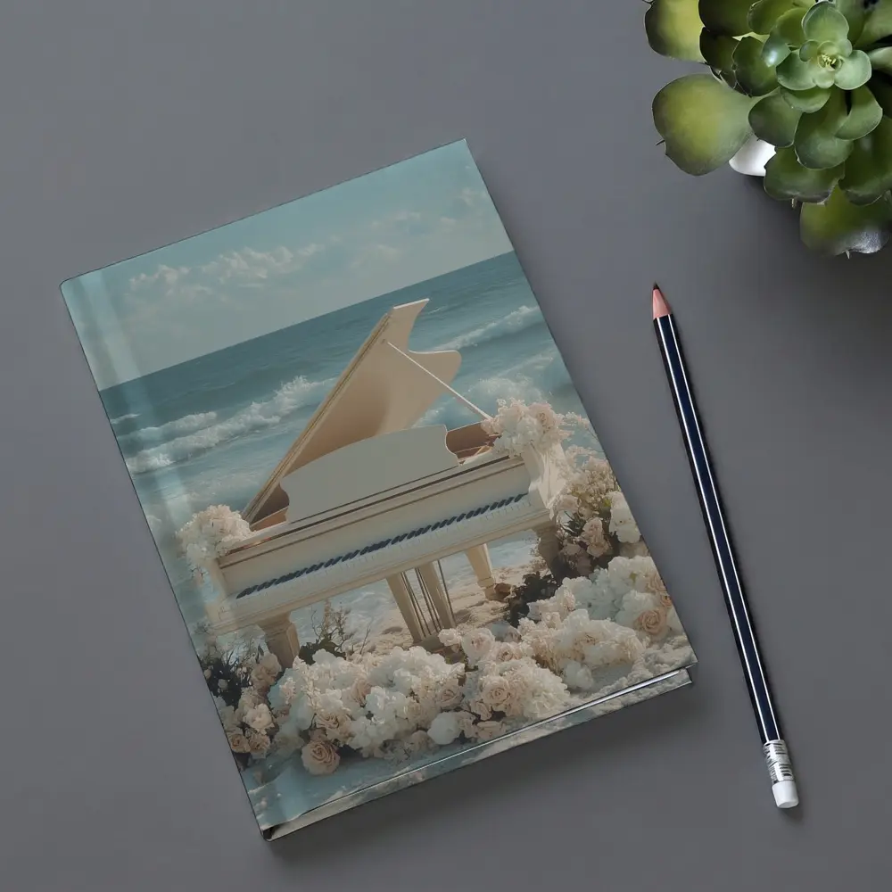 White Grand Piano Beach Ocean Floral Scene – Notebooks