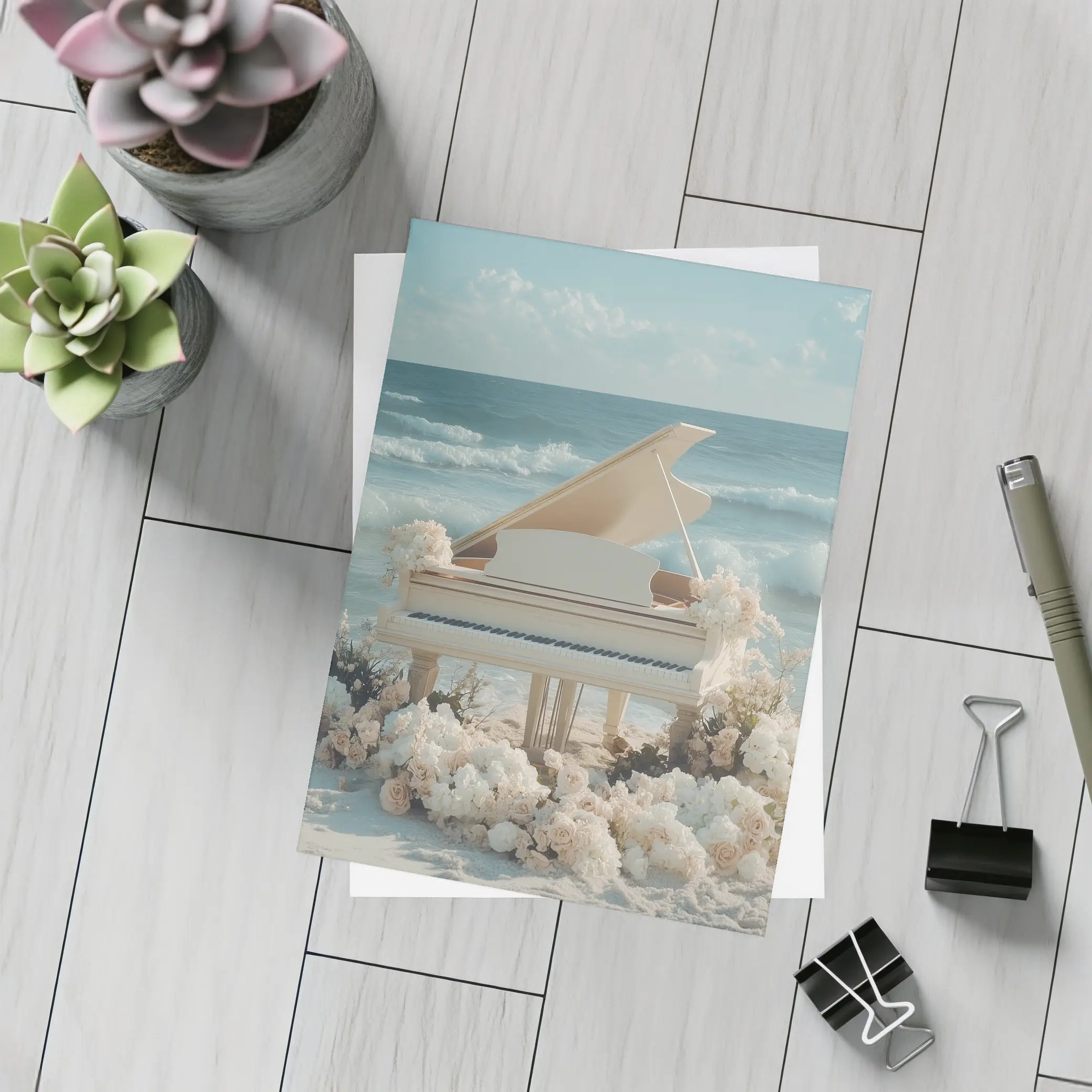 White Grand Piano Beach Ocean Floral Scene – Postcards