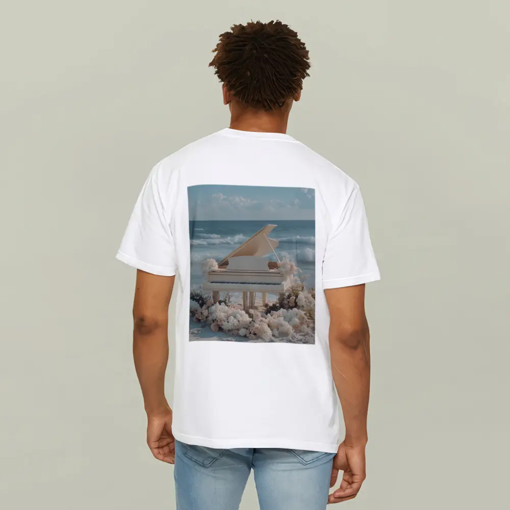 White Grand Piano Beach Ocean Floral Scene – T-Shirts