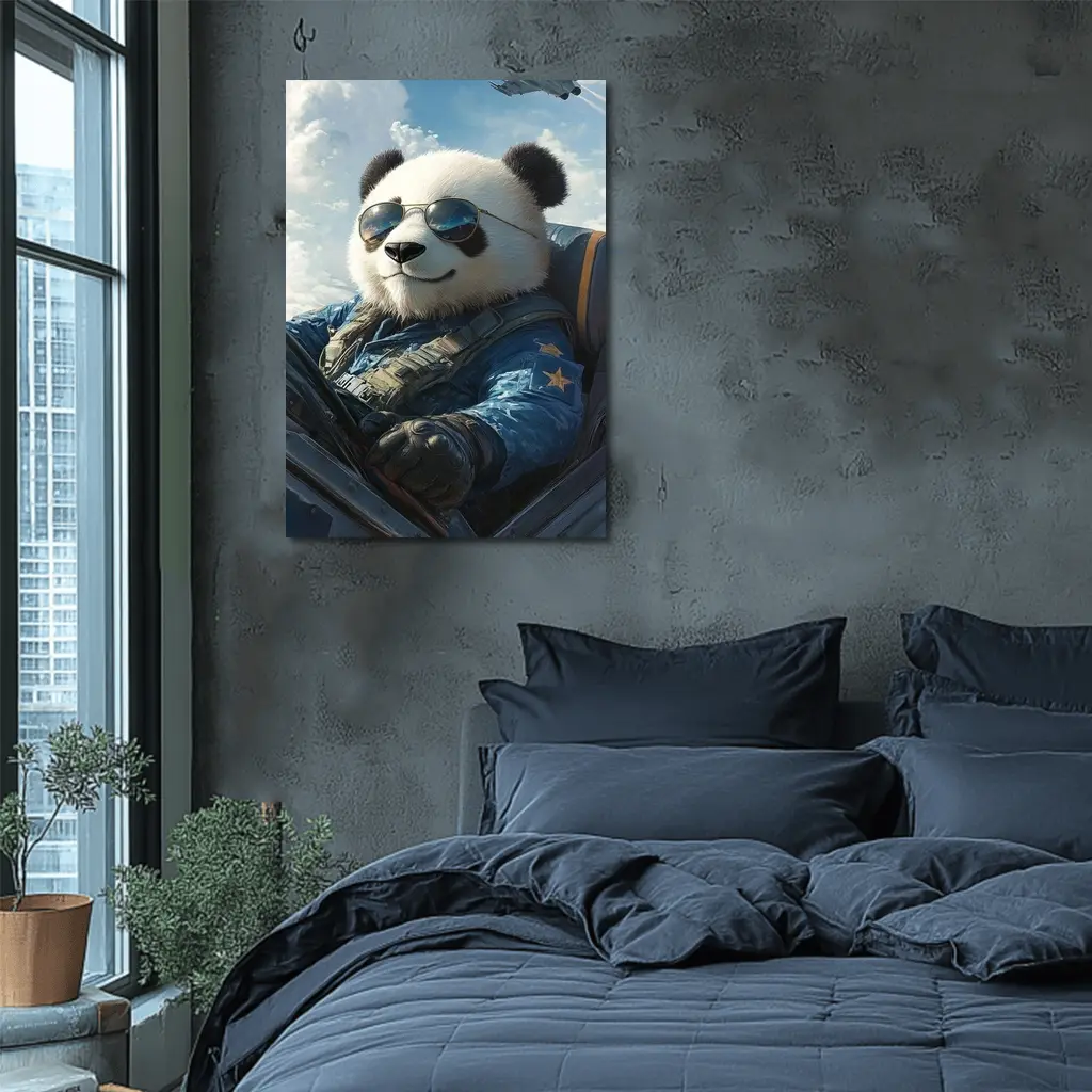 Cool Panda Pilot Flying Fighter Jet Sky – Wall Art