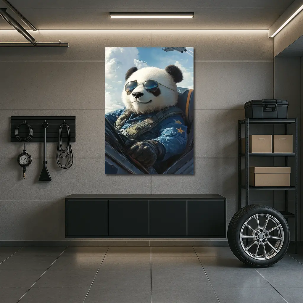 Cool Panda Pilot Flying Fighter Jet Sky – Wall Art
