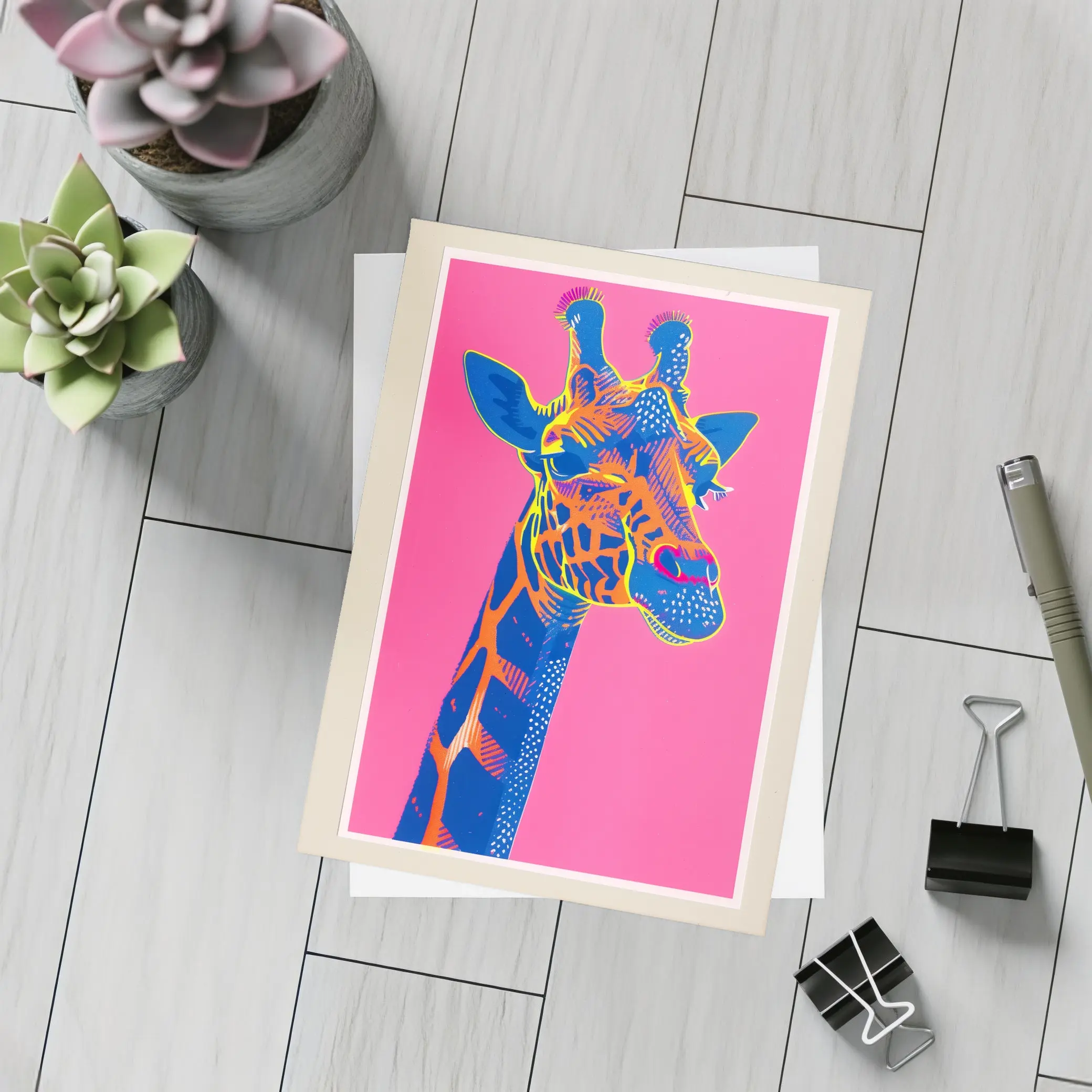 Pop Art Giraffe Portrait on Pink Background – Postcards