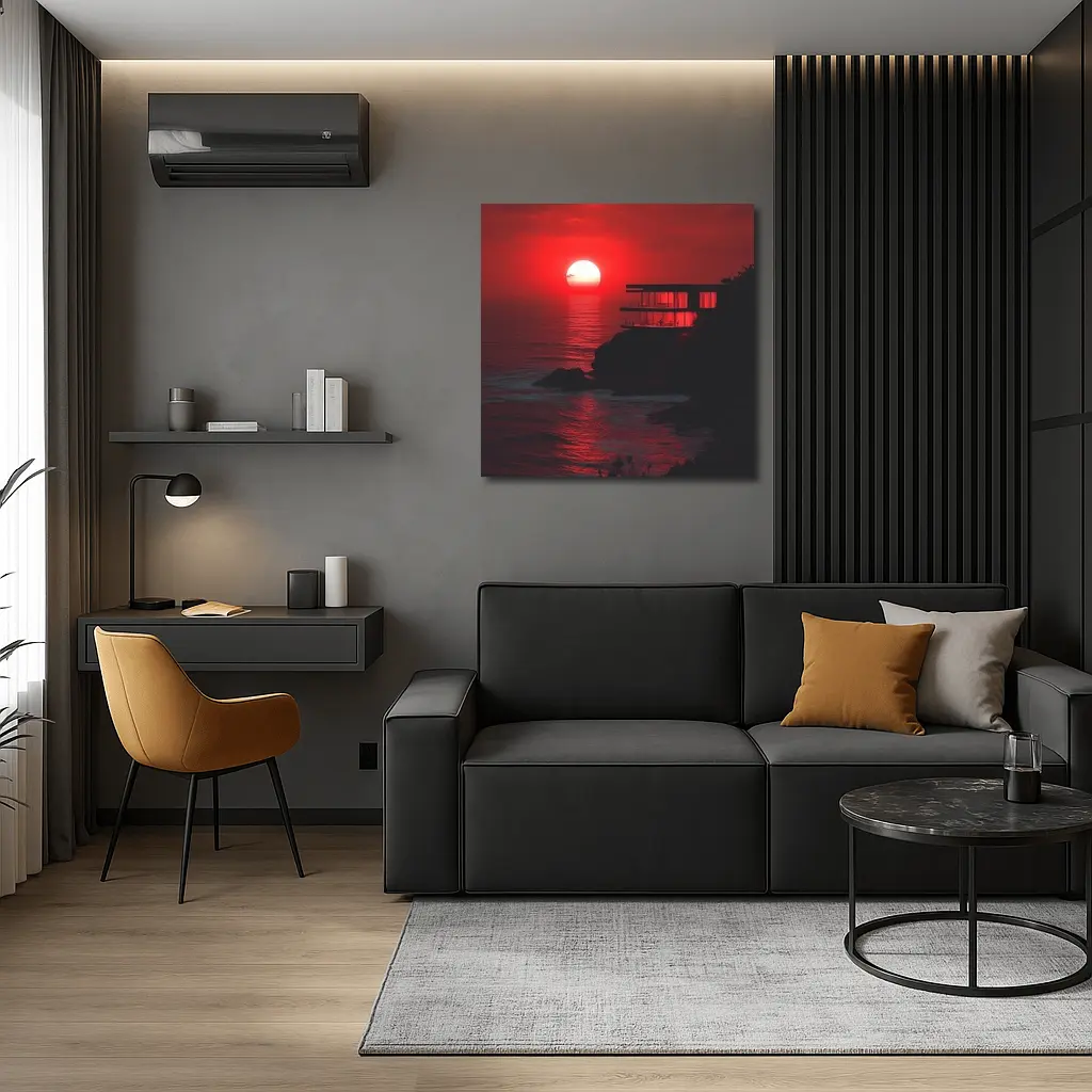 Modern Cliffside Villa Red Ocean Sunset – Wall Art