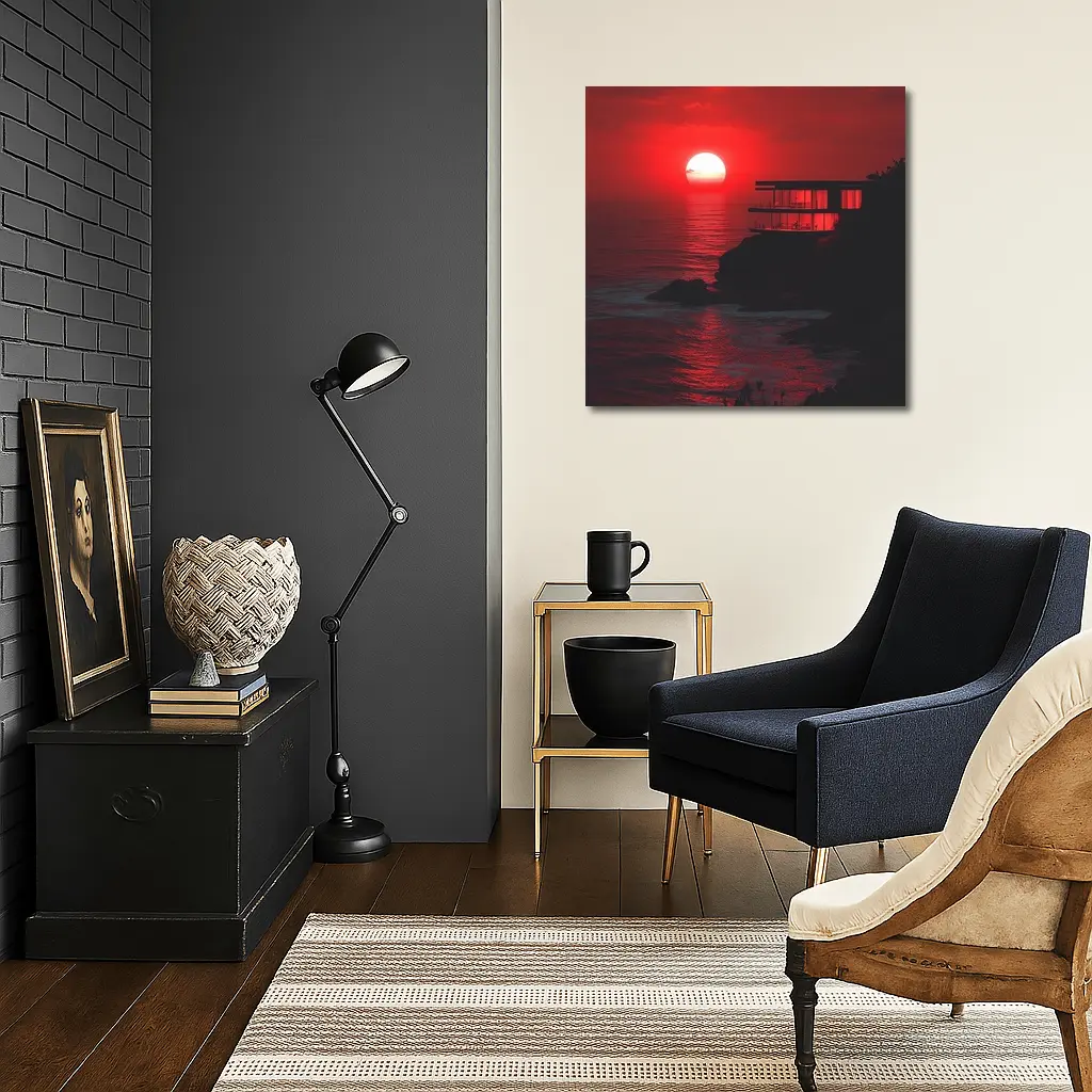 Modern Cliffside Villa Red Ocean Sunset – Wall Art