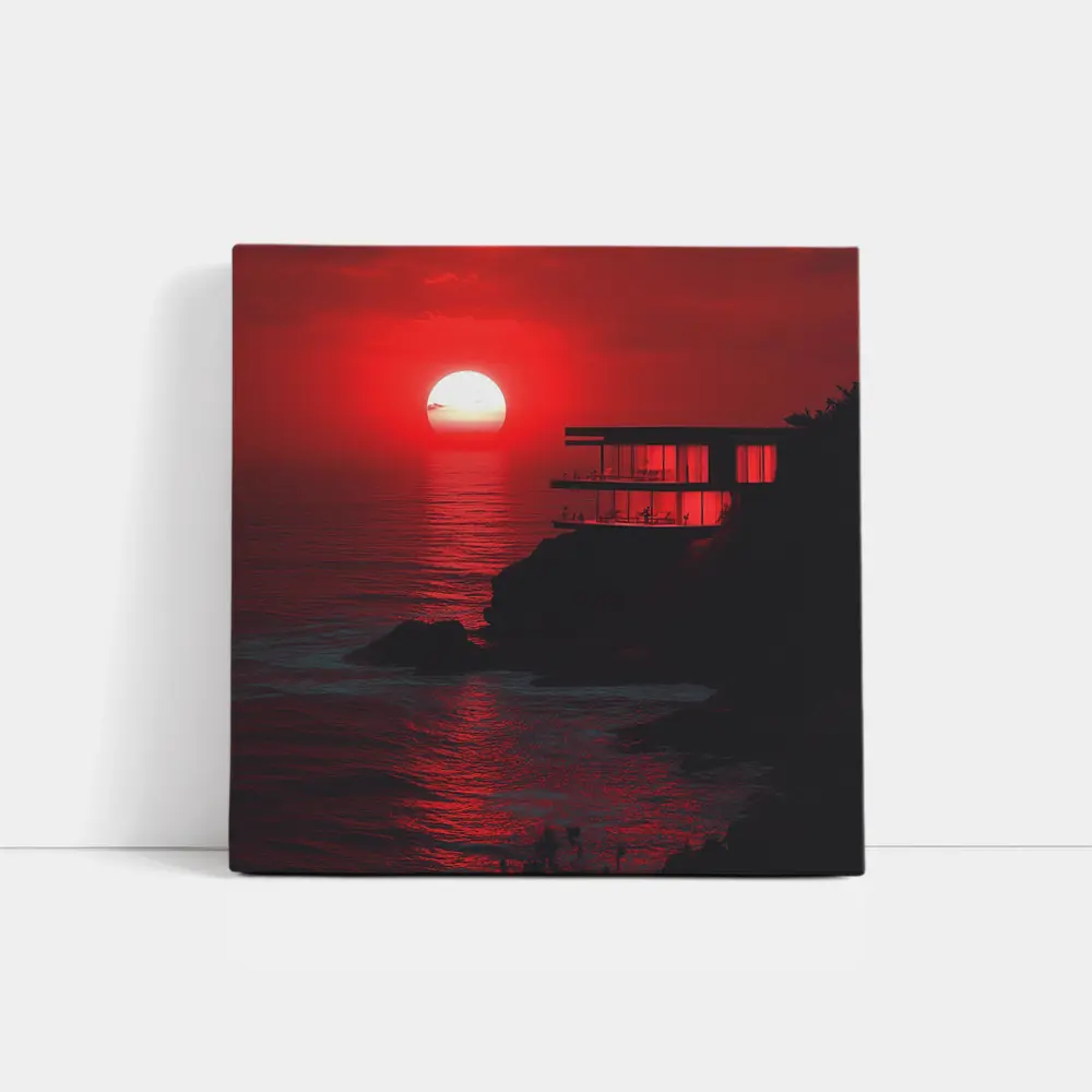 Modern Cliffside Villa Red Ocean Sunset – Wall Art