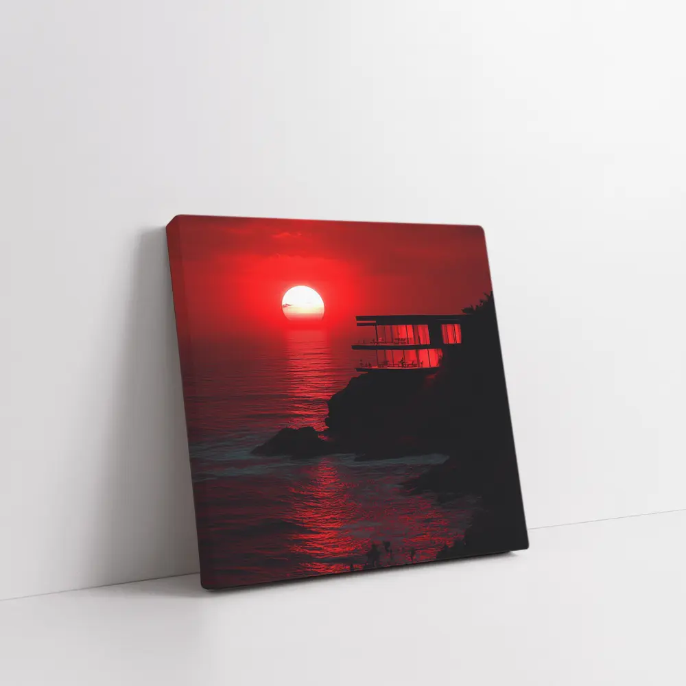 Modern Cliffside Villa Red Ocean Sunset – Wall Art