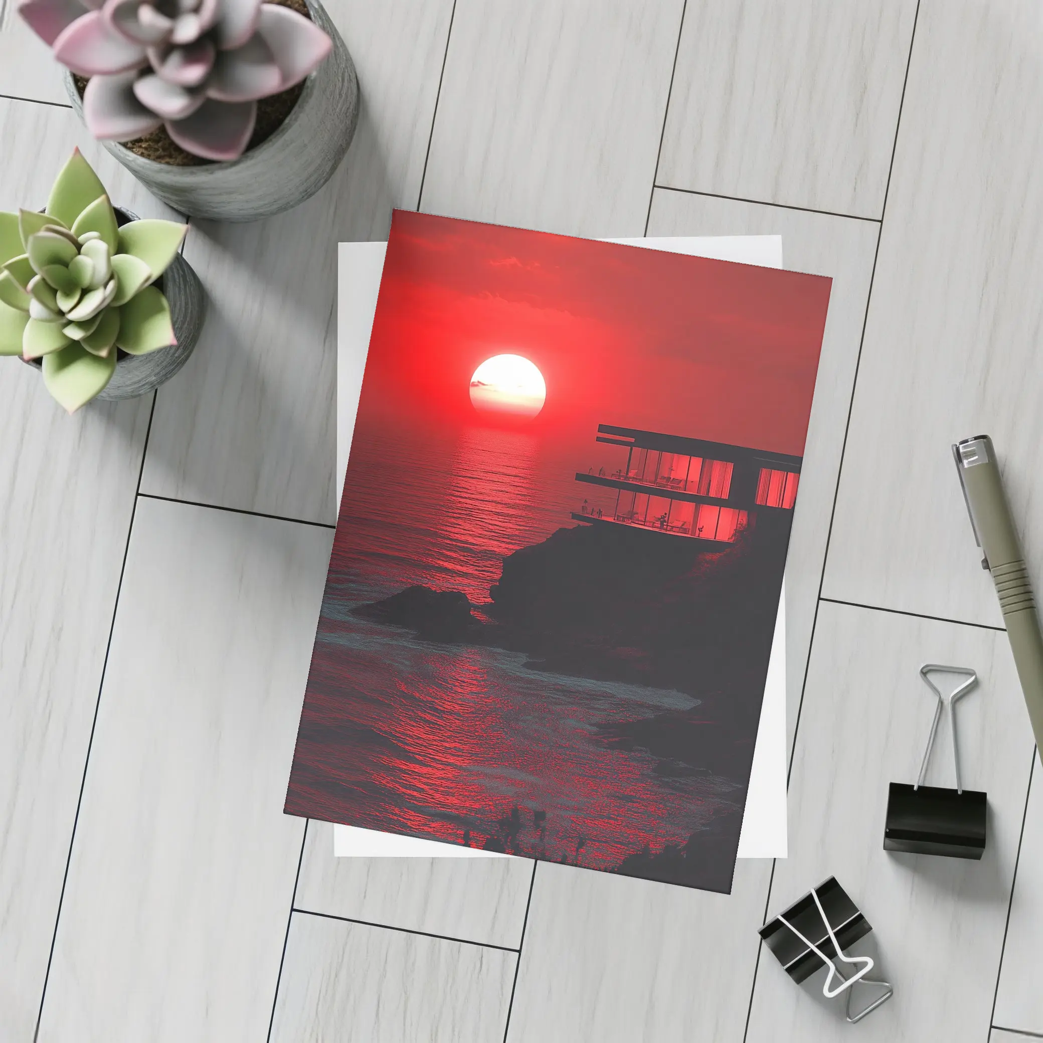Modern Cliffside Villa Red Ocean Sunset – Postcards