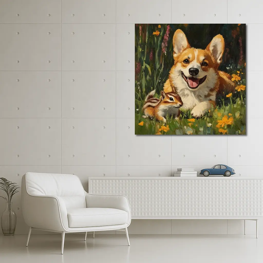 Corgi and Chipmunk Oil Painting Floral Meadow – Wall Art
