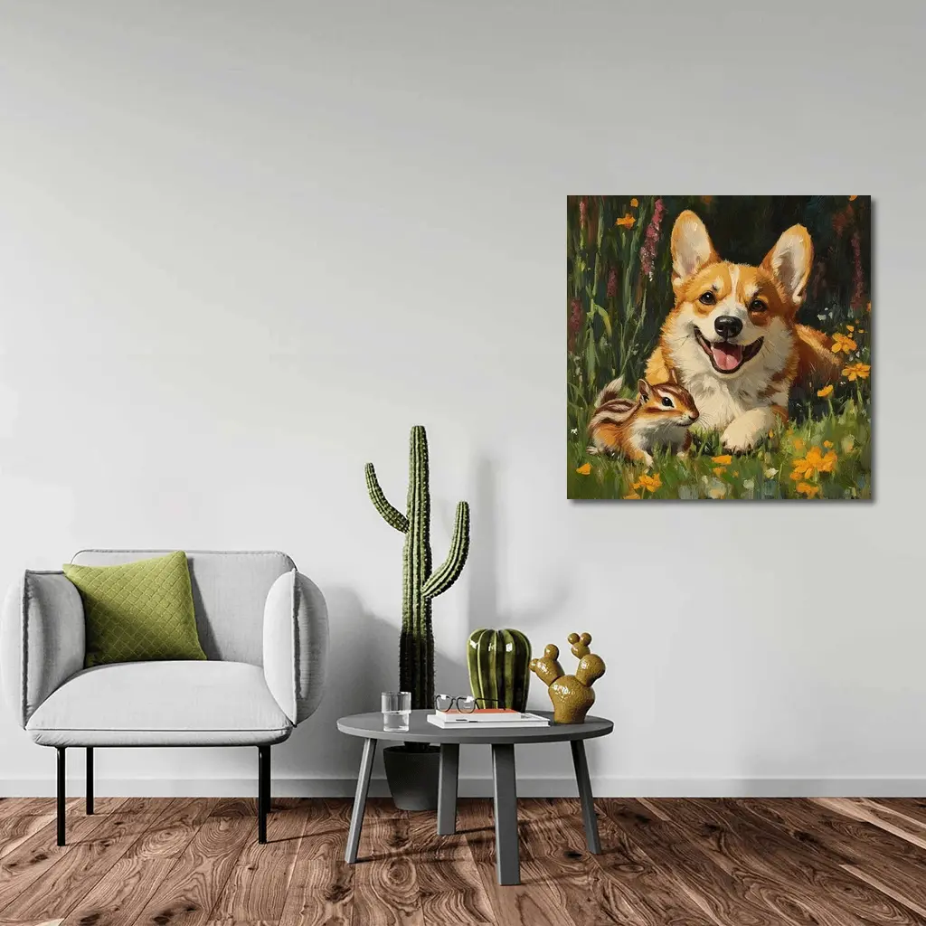 Corgi and Chipmunk Oil Painting Floral Meadow – Wall Art