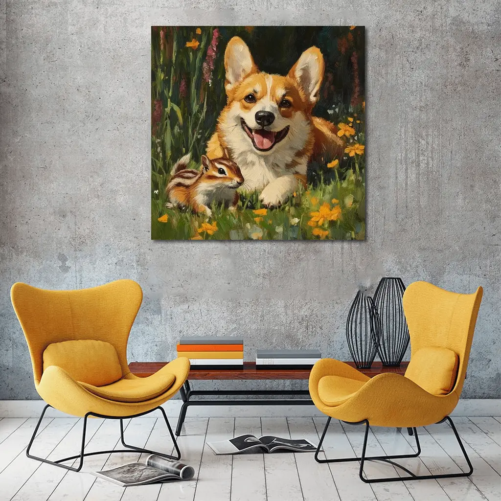 Corgi and Chipmunk Oil Painting Floral Meadow – Wall Art