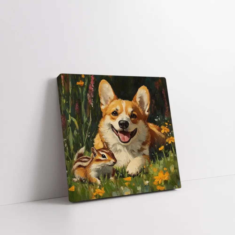 Corgi and Chipmunk Oil Painting Floral Meadow – Wall Art