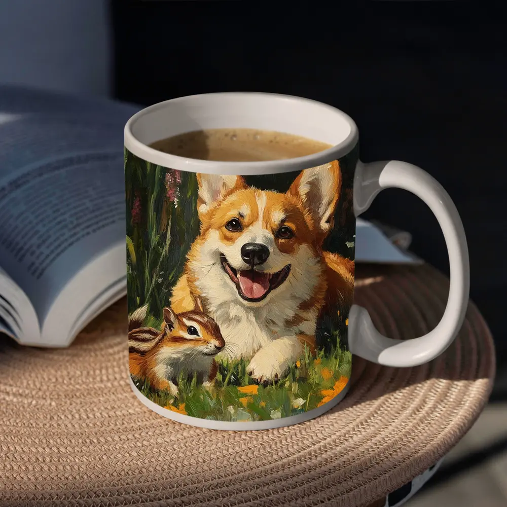 Corgi and Chipmunk Oil Painting Floral Meadow – Mugs