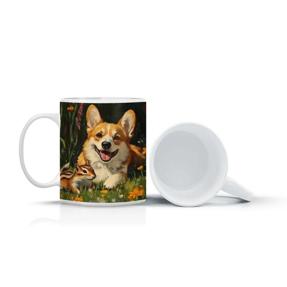 Corgi and Chipmunk Oil Painting Floral Meadow – Mugs