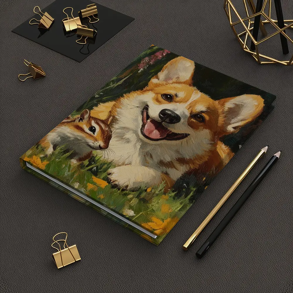Corgi and Chipmunk Oil Painting Floral Meadow – Notebooks