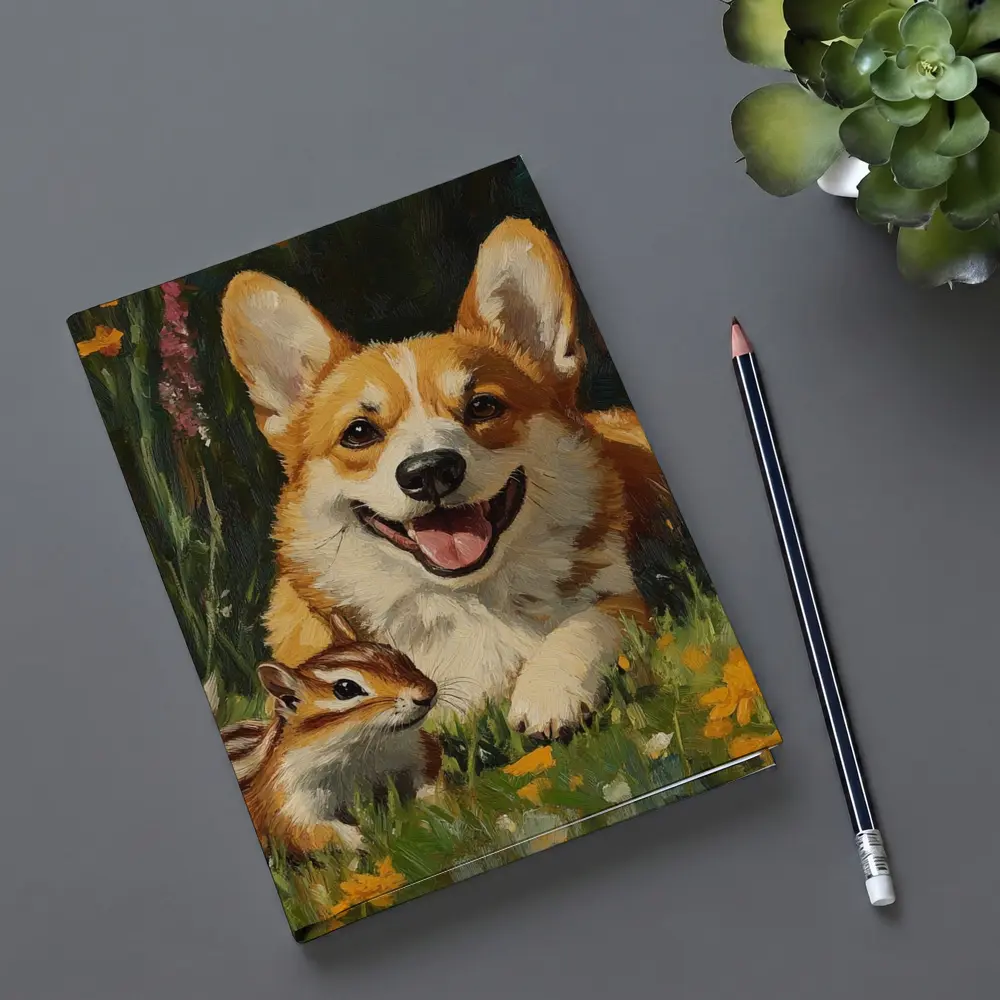 Corgi and Chipmunk Oil Painting Floral Meadow – Notebooks