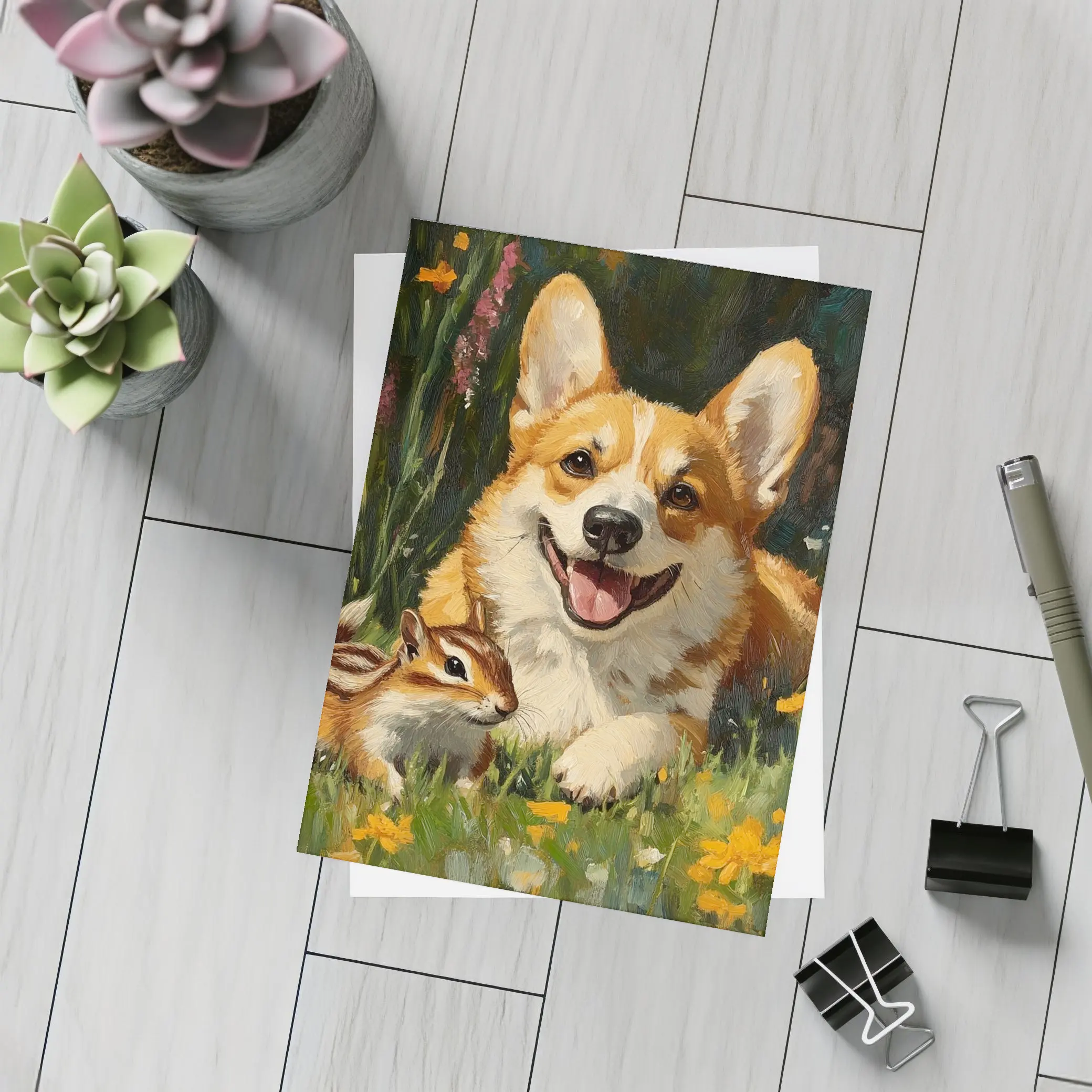 Corgi and Chipmunk Oil Painting Floral Meadow – Postcards