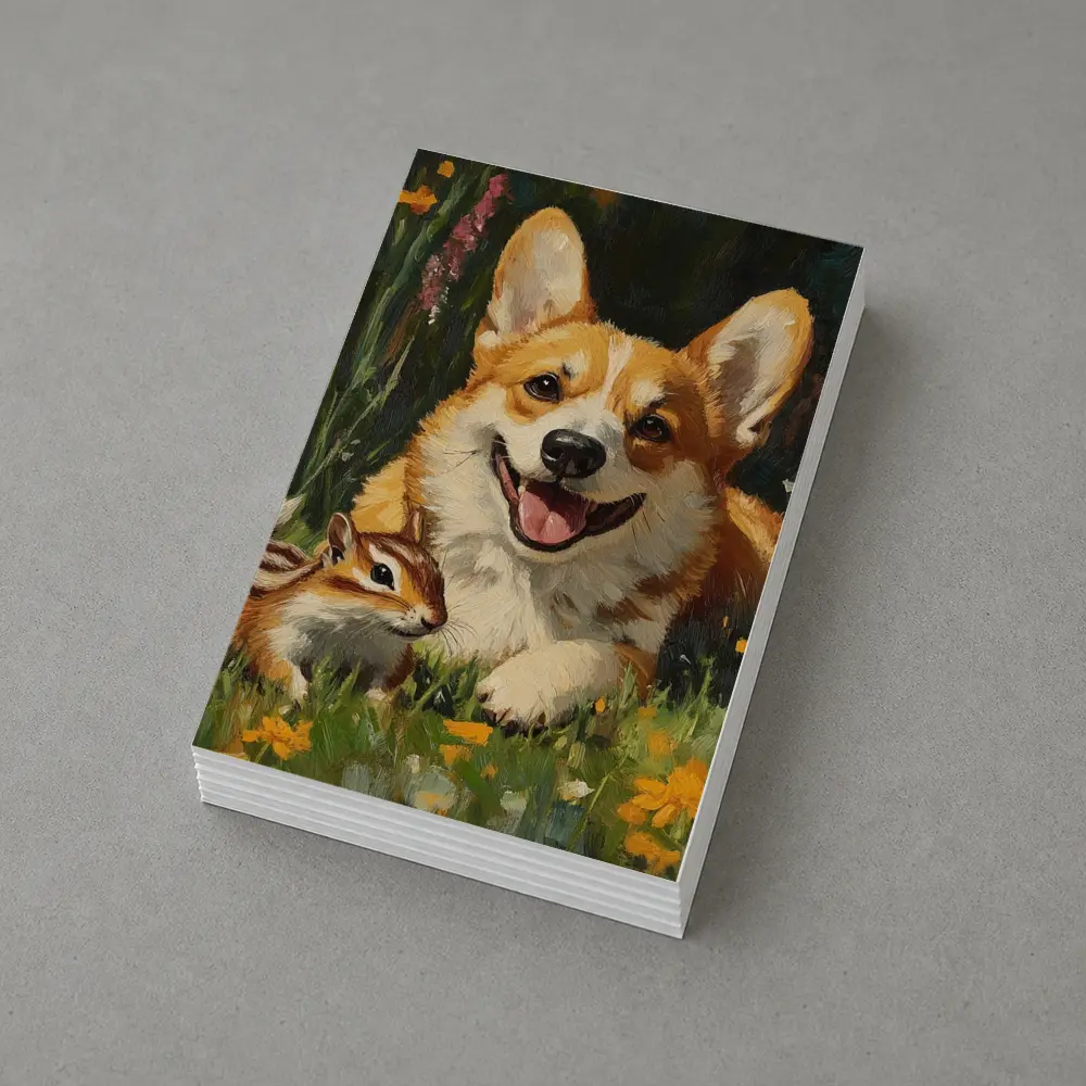 Corgi and Chipmunk Oil Painting Floral Meadow – Postcards