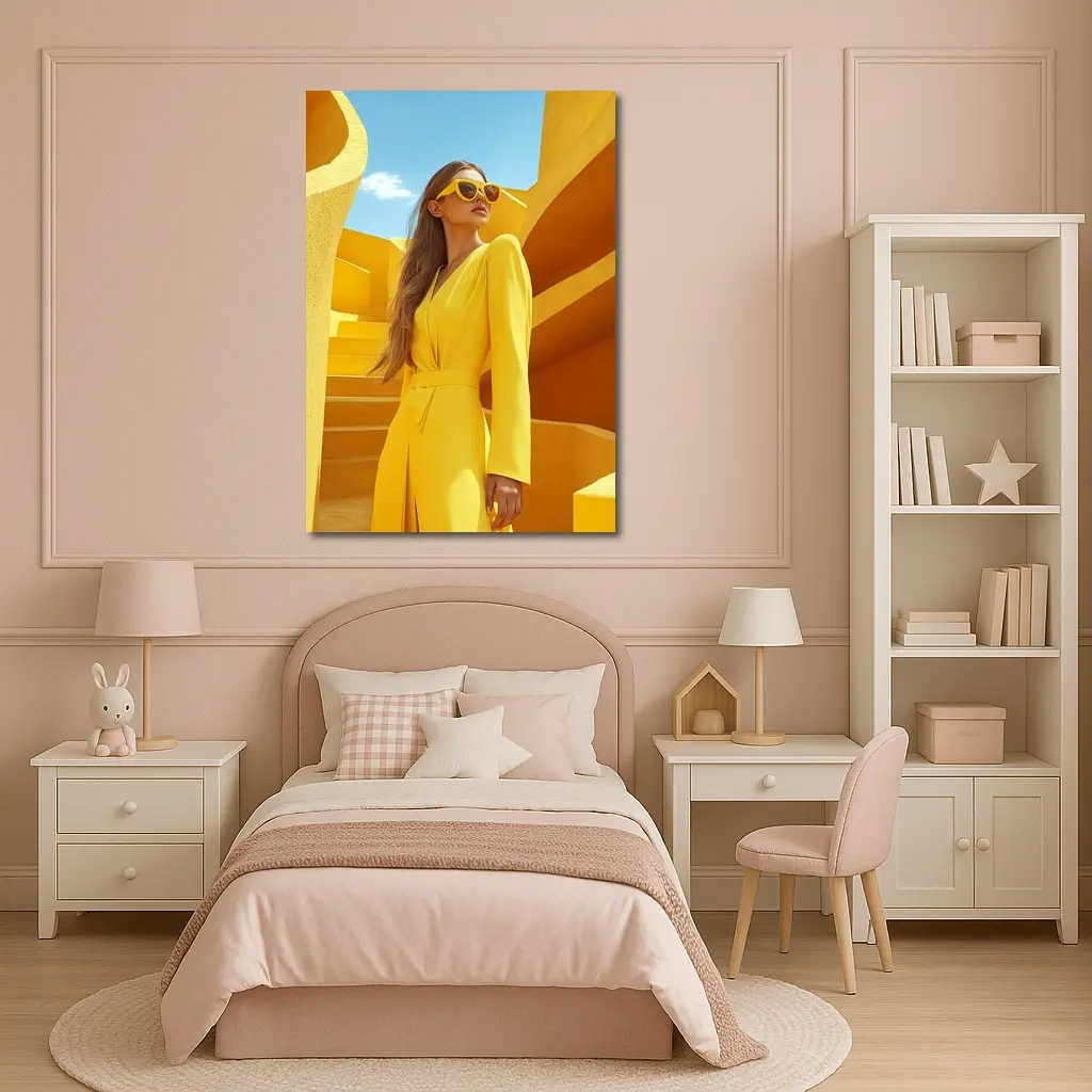 Woman Yellow Suit Geometric Architecture Blue Sky – Wall Art