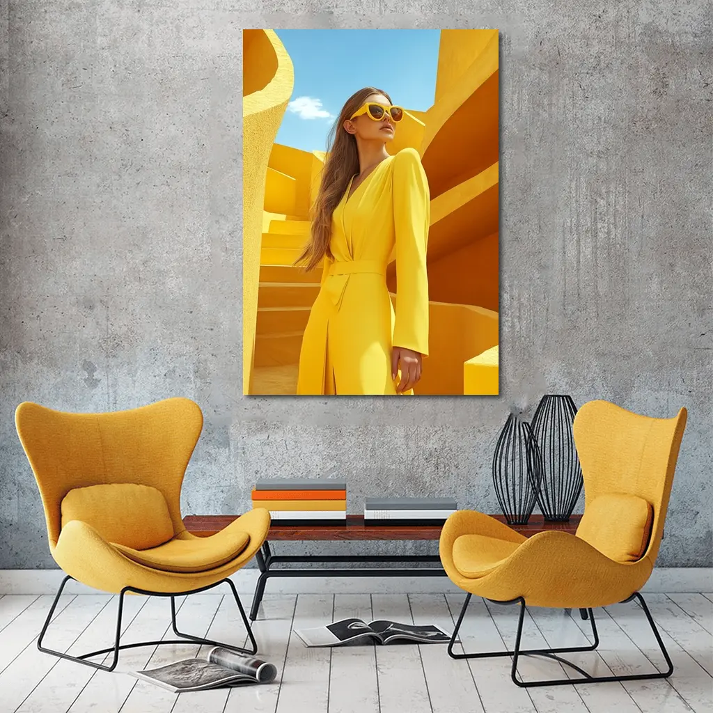Woman Yellow Suit Geometric Architecture Blue Sky – Wall Art
