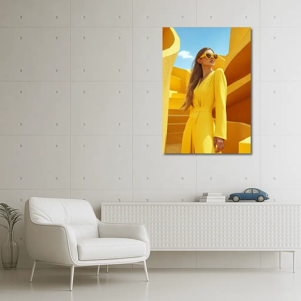 Woman Yellow Suit Geometric Architecture Blue Sky – Wall Art