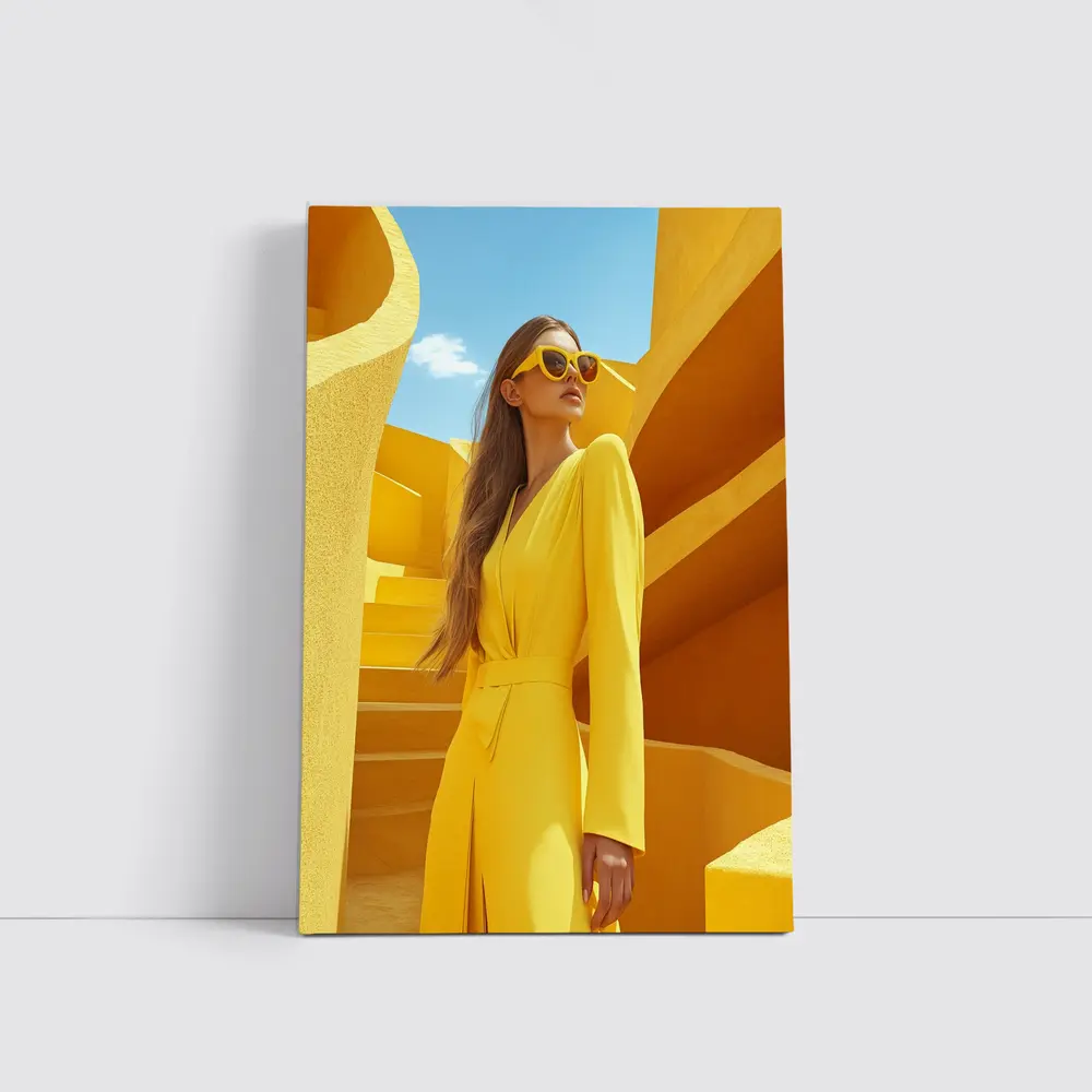 Woman Yellow Suit Geometric Architecture Blue Sky – Wall Art