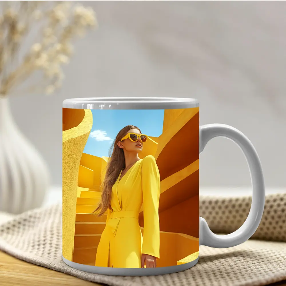 Woman Yellow Suit Geometric Architecture Blue Sky – Mugs