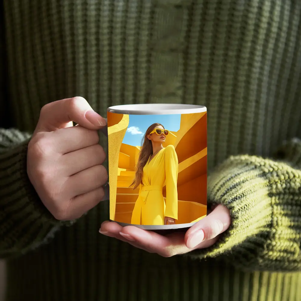 Woman Yellow Suit Geometric Architecture Blue Sky – Mugs