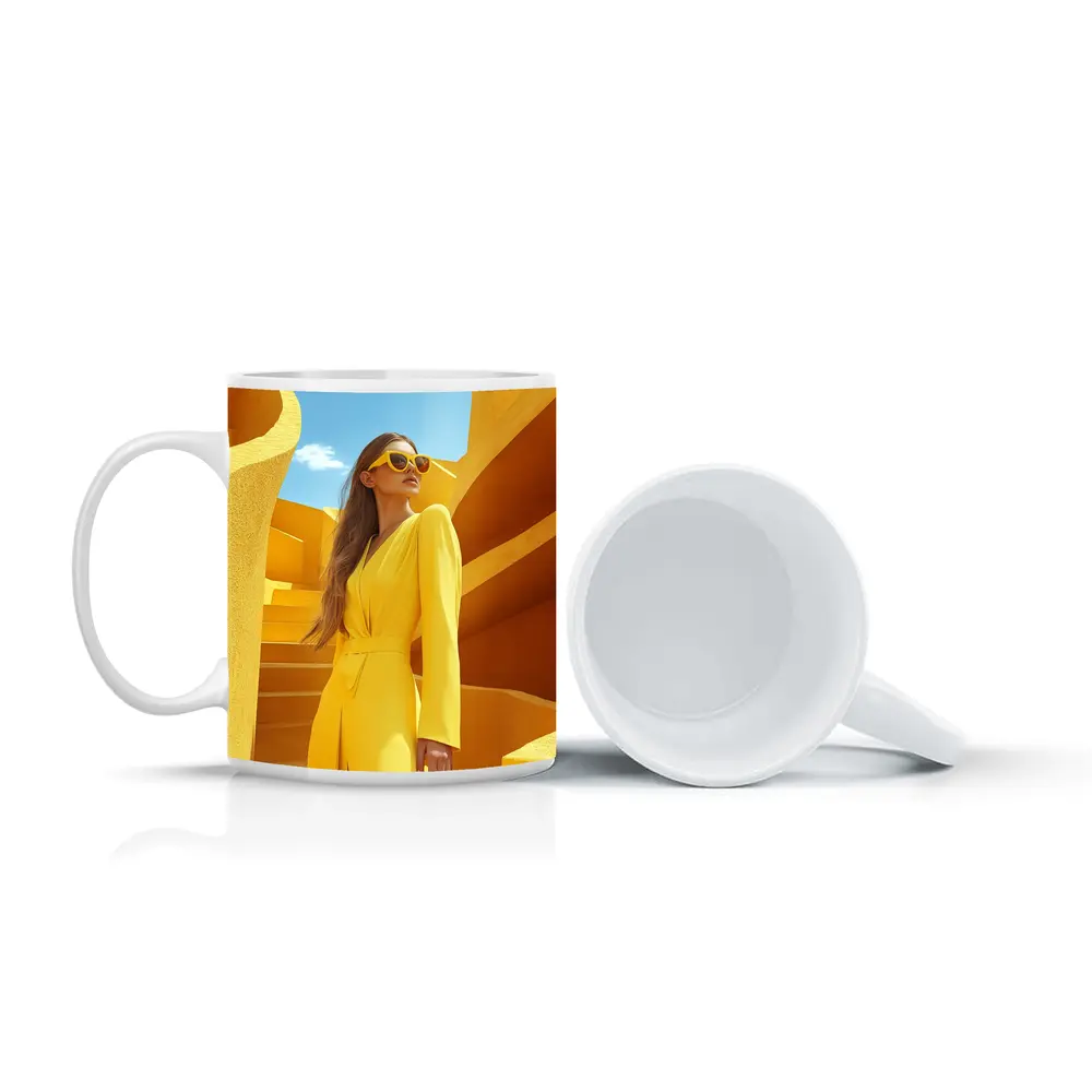 Woman Yellow Suit Geometric Architecture Blue Sky – Mugs