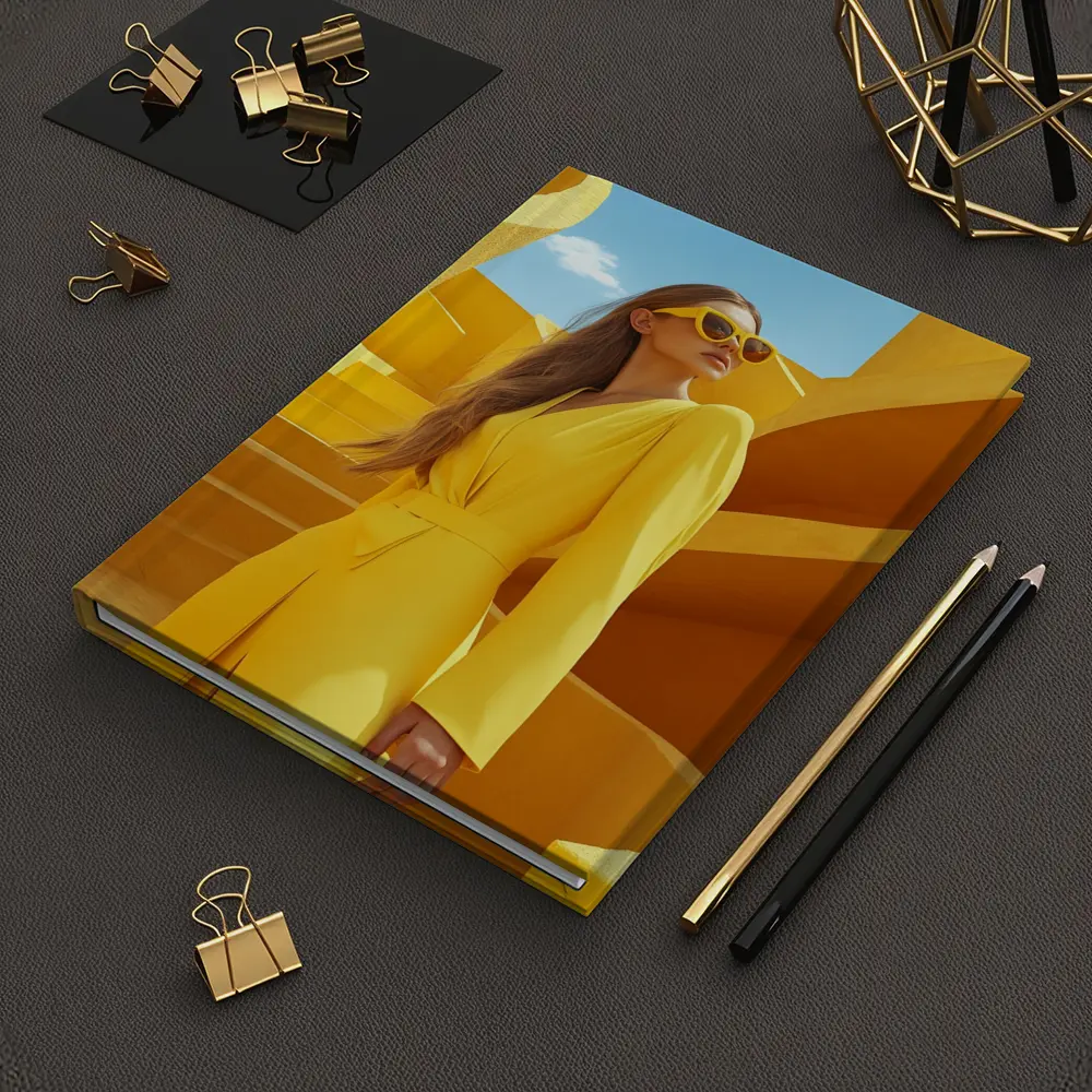 Woman Yellow Suit Geometric Architecture Blue Sky – Notebooks