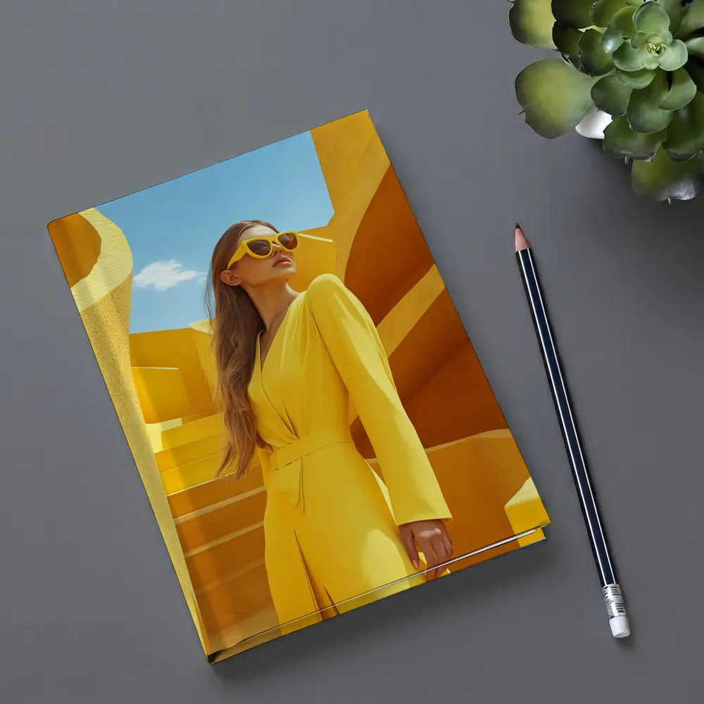 Woman Yellow Suit Geometric Architecture Blue Sky – Notebooks