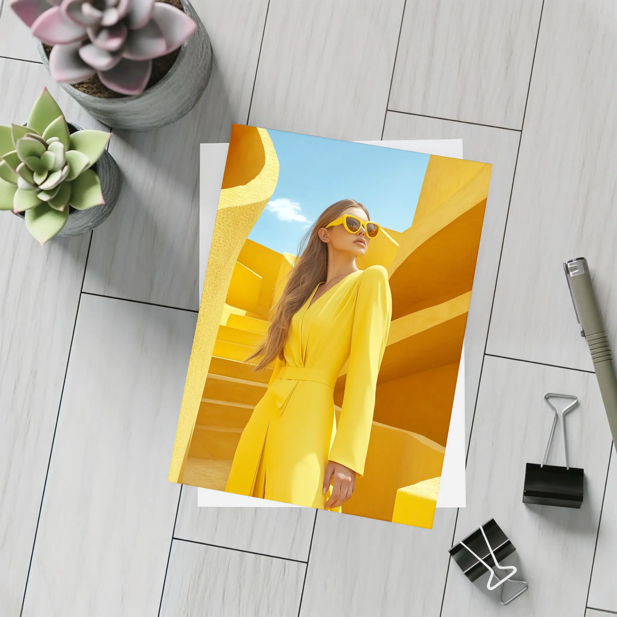 Woman Yellow Suit Geometric Architecture Blue Sky – Postcards