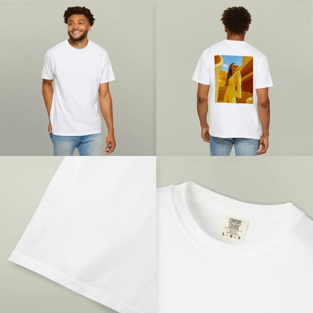 Woman Yellow Suit Geometric Architecture Blue Sky – T-Shirts