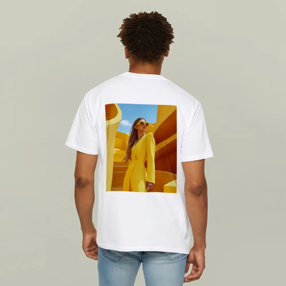Woman Yellow Suit Geometric Architecture Blue Sky – T-Shirts