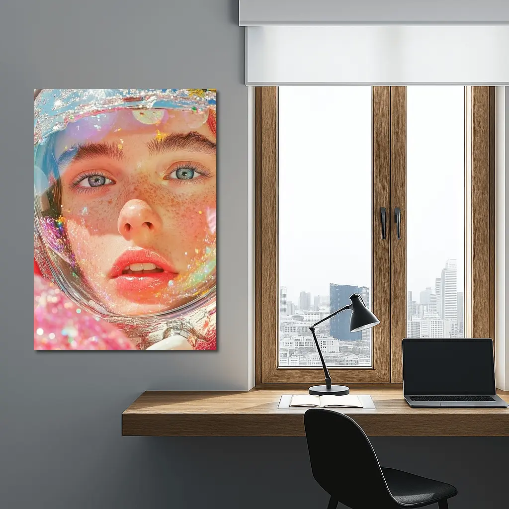 Freckled Girl Astronaut Helmet Rainbow Glitter – Wall Art