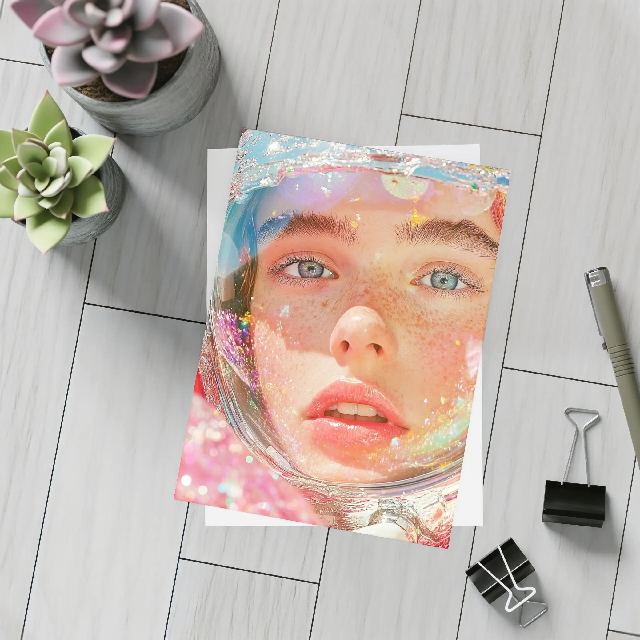 Freckled Girl Astronaut Helmet Rainbow Glitter – Postcards