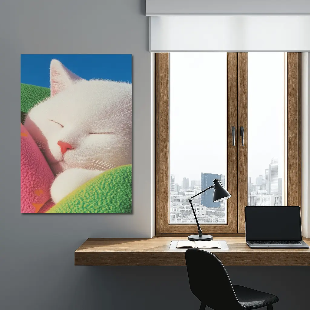 Sleeping White Cat Colorful Blankets Blue Sky – Wall Art