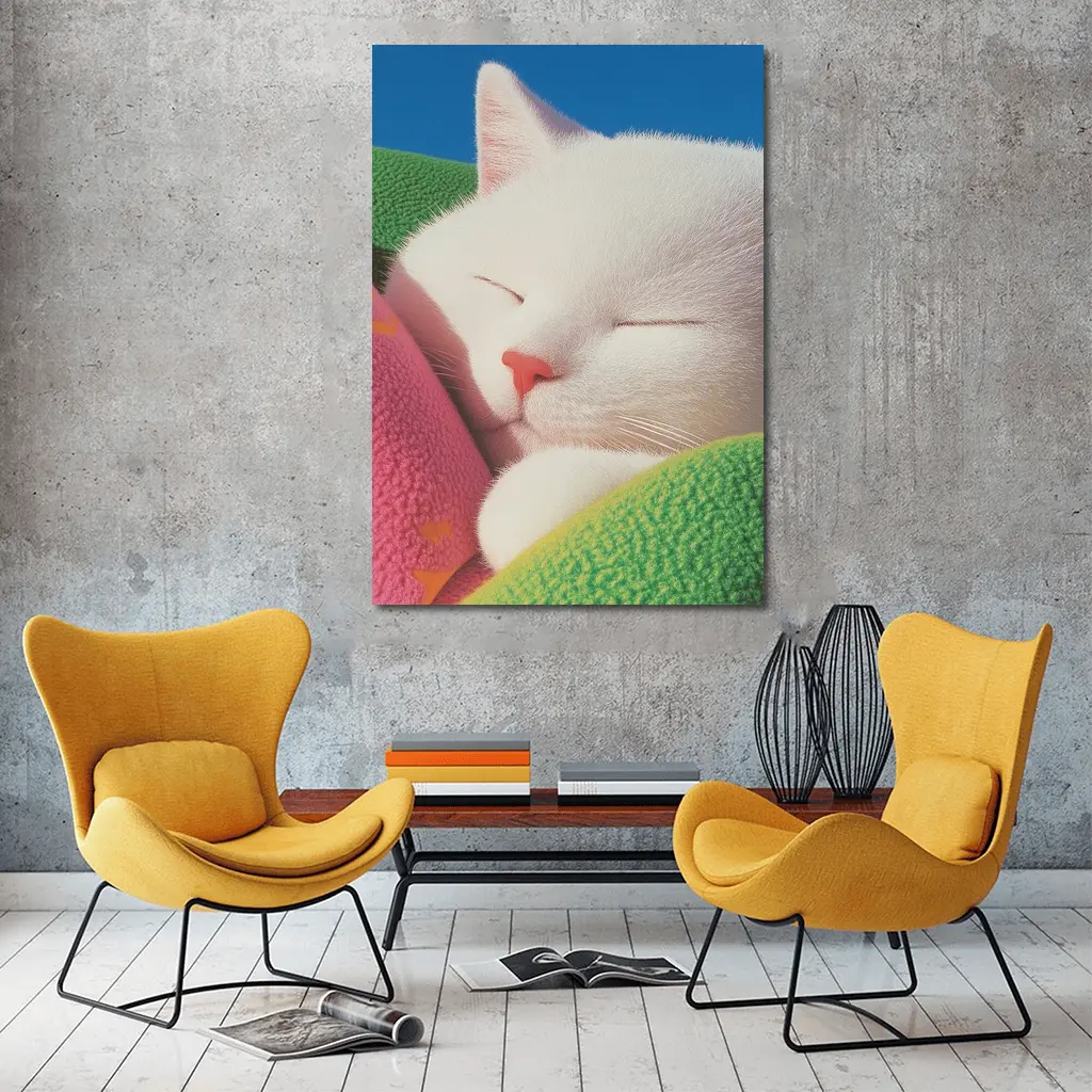 Sleeping White Cat Colorful Blankets Blue Sky – Wall Art