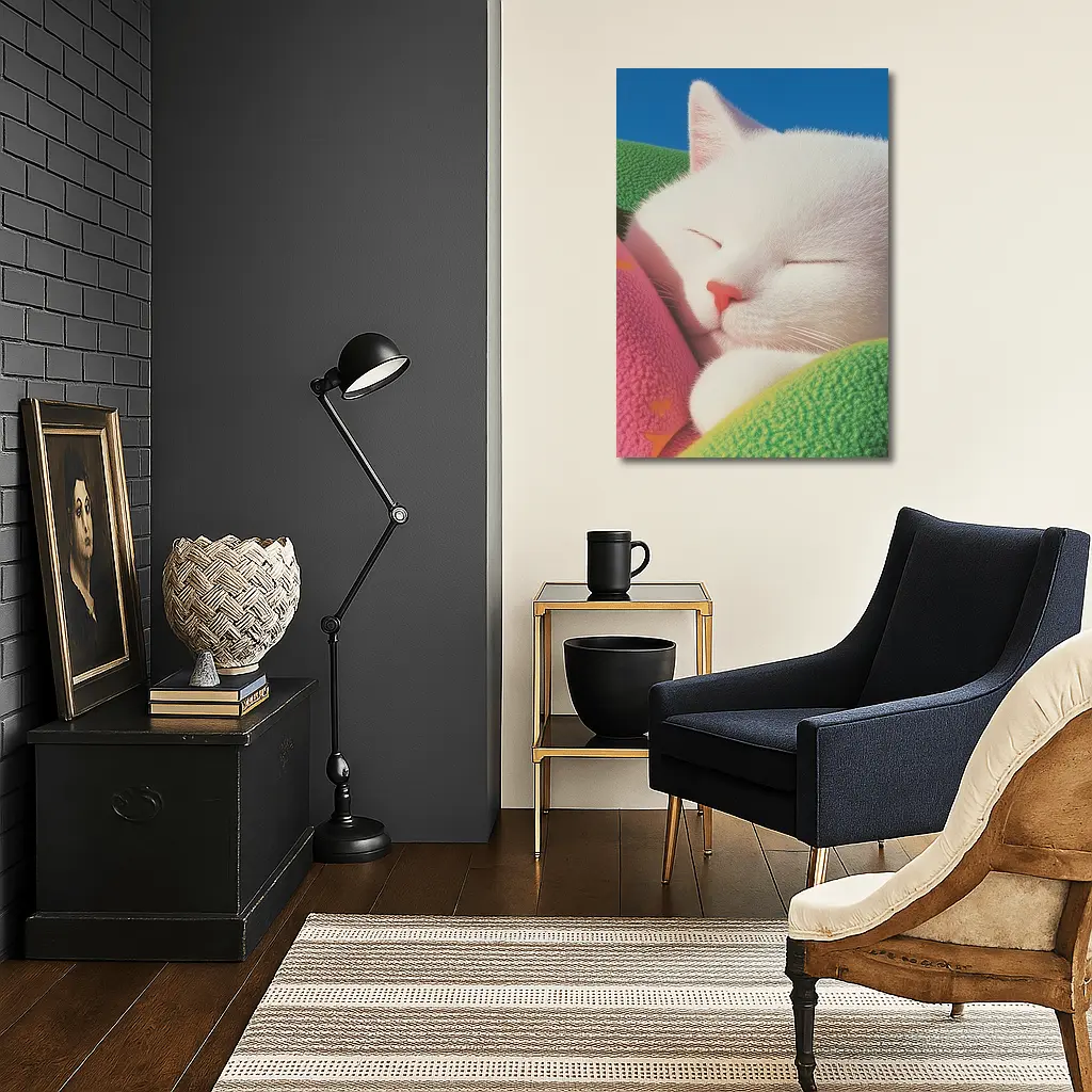 Sleeping White Cat Colorful Blankets Blue Sky – Wall Art