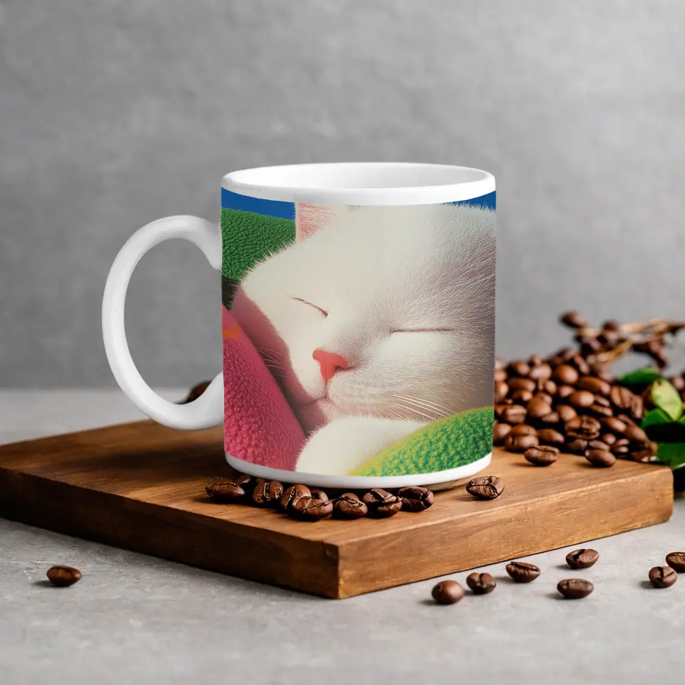 Sleeping White Cat Colorful Blankets Blue Sky – Mugs