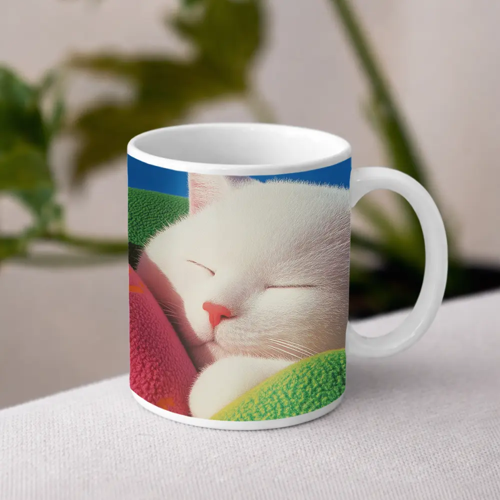 Sleeping White Cat Colorful Blankets Blue Sky – Mugs