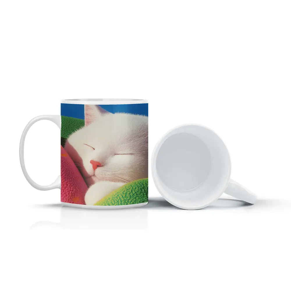 Sleeping White Cat Colorful Blankets Blue Sky – Mugs