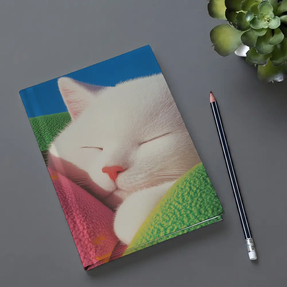 Sleeping White Cat Colorful Blankets Blue Sky – Notebooks
