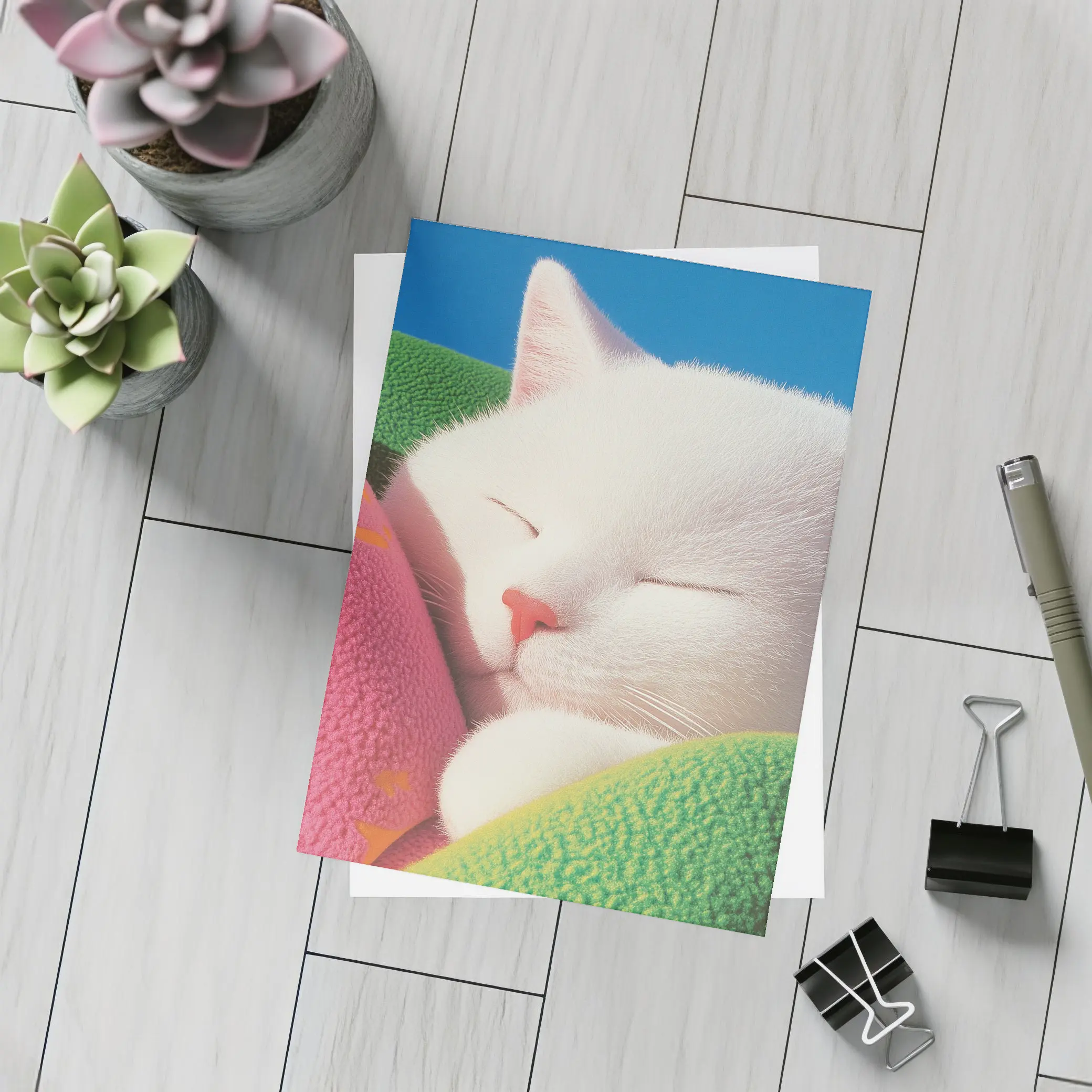 Sleeping White Cat Colorful Blankets Blue Sky – Postcards