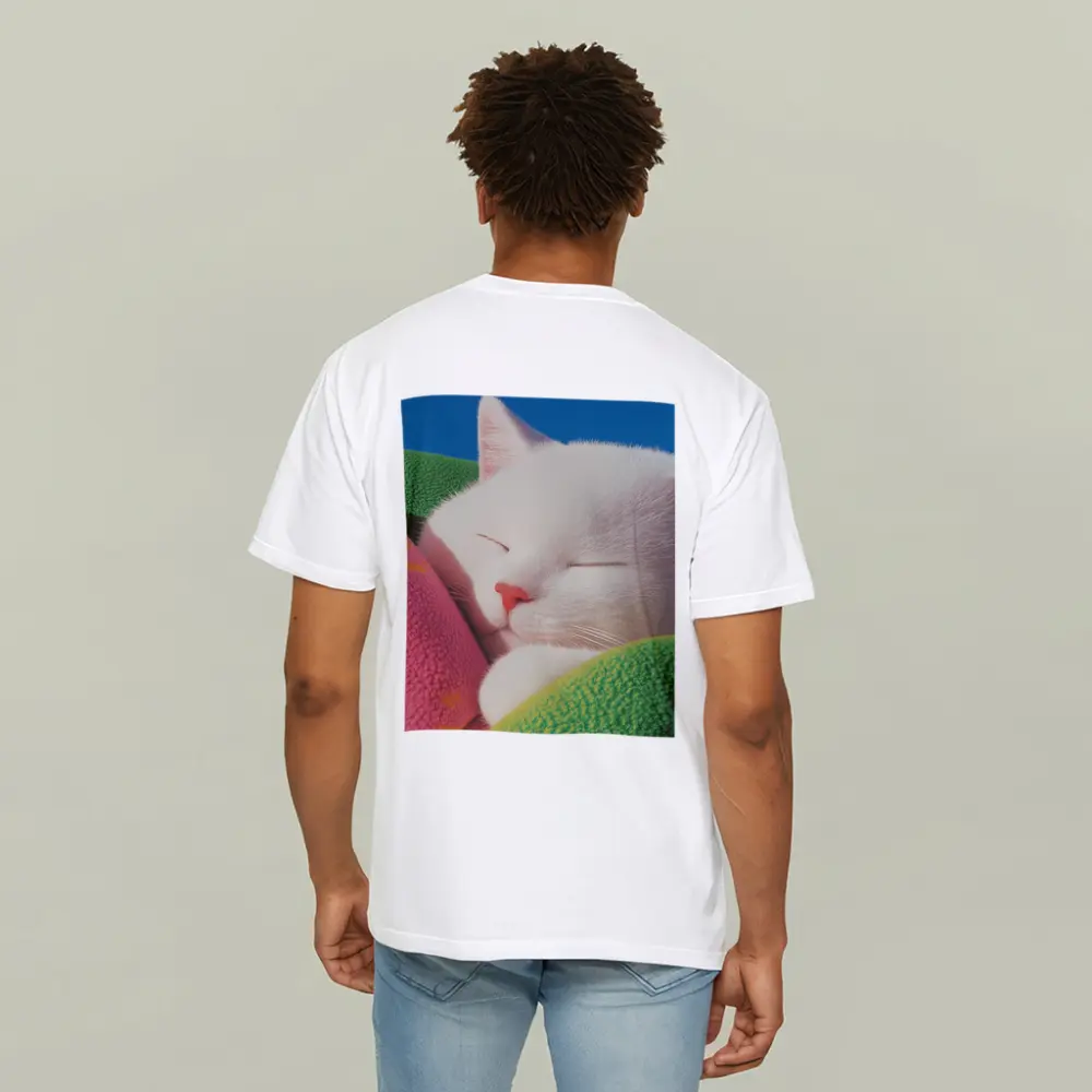 Sleeping White Cat Colorful Blankets Blue Sky – T-Shirts
